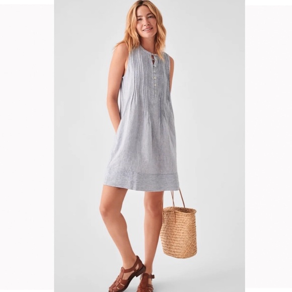 Faherty Dresses & Skirts - Faherty Isha Gingham Dress Linen Blue Mini Stripe Sleeveless Medium
